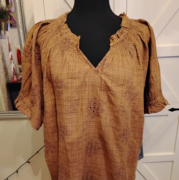 Democracy Tops - Democracy Tan Embroidered Blouse